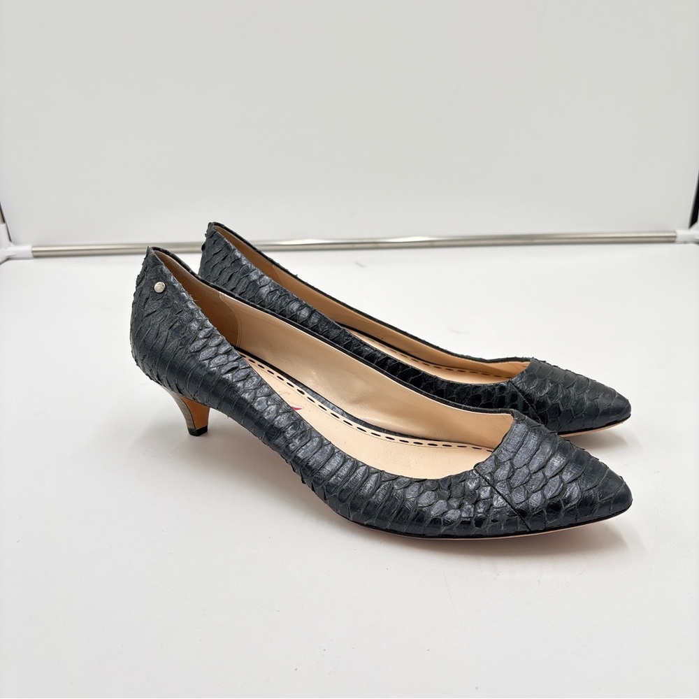 COACH Bekka Snakeskin Pumps Women’s Size 9 Pointed Kitten Heel Black Leather